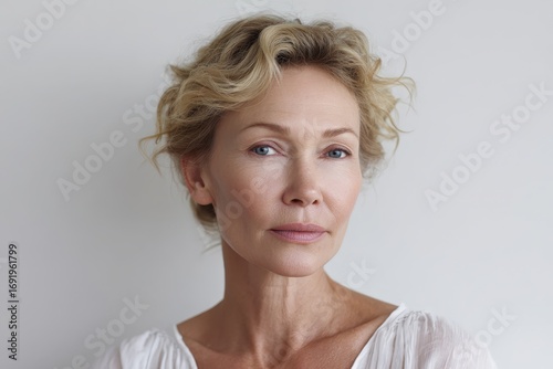 Portrait of a mature woman with curly hair, natural makeup, soft lighting, serene expression against a light background, showcasing beauty and elegance