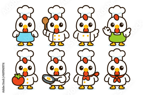 Cute cartoon chef chicken characters in various cooking outfits