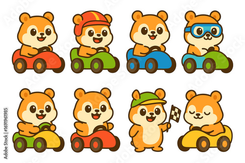 Cute cartoon hamsters in cars with racing accessories and checkered flag