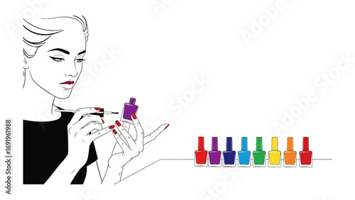 Stylish woman applying vibrant purple nail polish with a row of colorful polish bottles lined up on a white surface