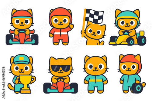 Cute racing cats in colorful outfits with go karts and trophy
