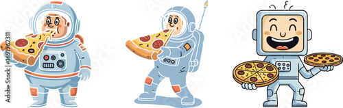 Cartoon astronauts and friendly robot enjoying delicious pepperoni pizza together in space, fun cosmic food illustration for playful futuristic concept design