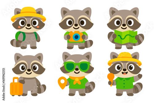 Cute cartoon raccoon characters on travel adventures with accessories