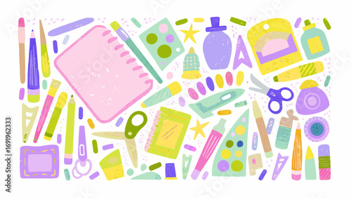 Illustration of various colorful stationery items including pens pencils notebooks and other art supplies