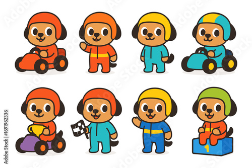 Charming cartoon dogs racing in colorful outfits with go karts and trophies