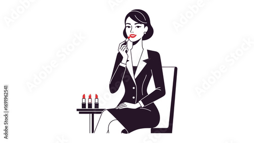 Elegant businesswoman applying lipstick at a desk with makeup products showcasing professional beauty and personal grooming in a stylish illustration