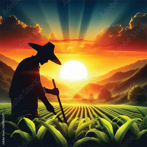 A silhouetted farmer, wearing a wide-brimmed hat, tends to his crop at sunrise in a vibrant, idyllic field stretching towards distant mountains.