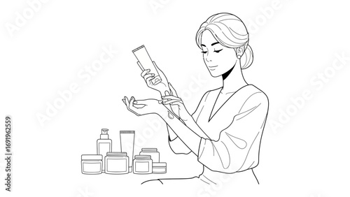 Hand drawn illustration of a woman with a towel on her head applying serum from a dropper bottle to her hand for skincare routine