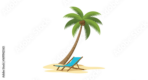 a serene beach scene with palm tree and blue lounge chair