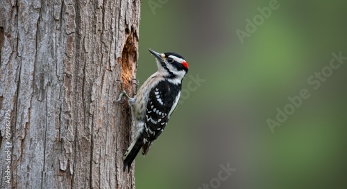 Downy Woodpecker Perched on a Tree Trunk Exploring a Nesting Hole