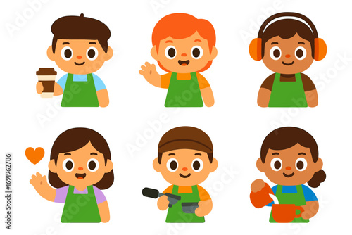 Cute barista avatars with coffee themes in flat style