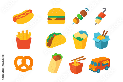 Colorful icons of popular fast food items featuring burgers, tacos, and more in flat design style