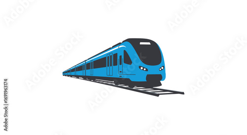 a modern blue train traveling swiftly along tracks