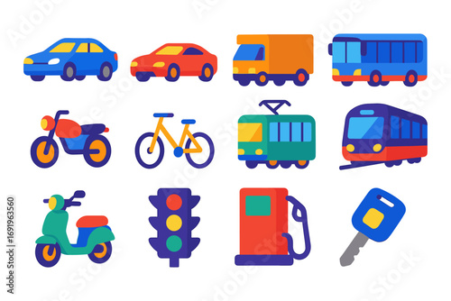 Colorful transportation icons set featuring cars, bikes, and public transit