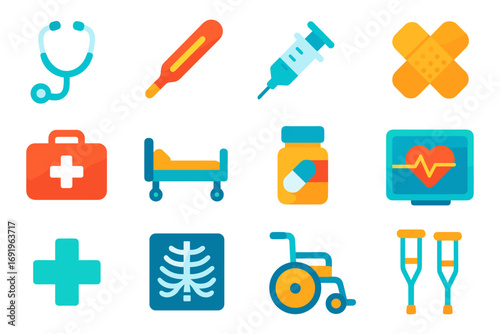 Colorful flat medical icons set featuring healthcare and emergency symbols