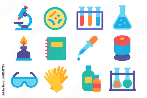 Colorful flat science icons featuring lab equipment and tools for educational designs