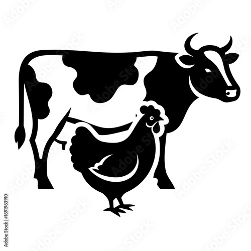 Silhouette of cow and hen standing together in farm setting  