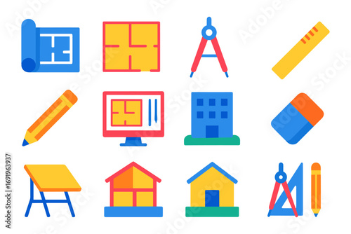 Colorful set of architecture and drafting tools icons for design projects