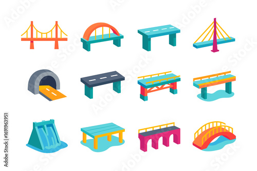 Modern isometric bridge icons collection featuring diverse designs and structures