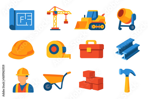 Construction tools and equipment icons for building and engineering projects