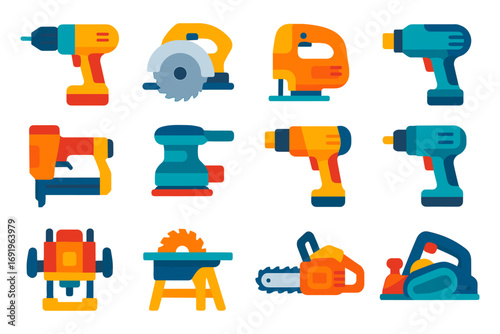 Colorful flat icon set of power tools for diy projects
