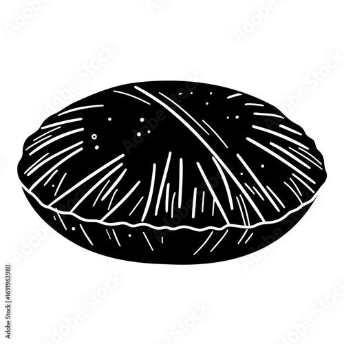 Round black pie kachori with decorative crust and textured surface  