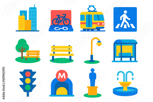 Colorful urban elements set: transport, buildings, and public spaces in flat design