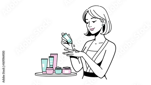 A woman with short hair in a simple line drawing style holding a small tube of cream and looking at her hand with a tray of beauty products behind her
