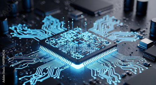 Closeup view of a glowing blue central processing unit cpu on a complex printed circuit board pcb with intricate pathways and electronic components, symbolizing advanced technology
