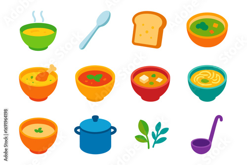 Colorful flat soup icons featuring bowls, ingredients, and utensils