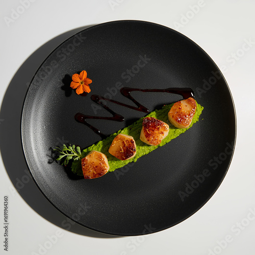 Gourmet Seared Scallops with Pea Puree, Elegant Black Plate Presentation, Studio Lighting, High-Resolution Food Photography.