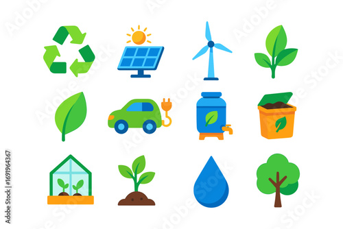 Eco-friendly icons collection featuring renewable energy and sustainability symbols
