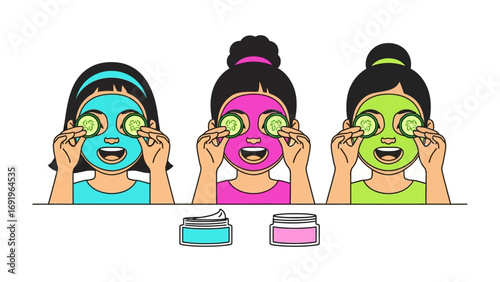 Three diverse young women with colorful face masks and cucumber slices on their eyes enjoying a relaxing skincare spa day at home