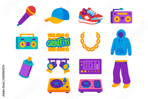Vibrant hip hop culture icons featuring music, graffiti, and fashion elements