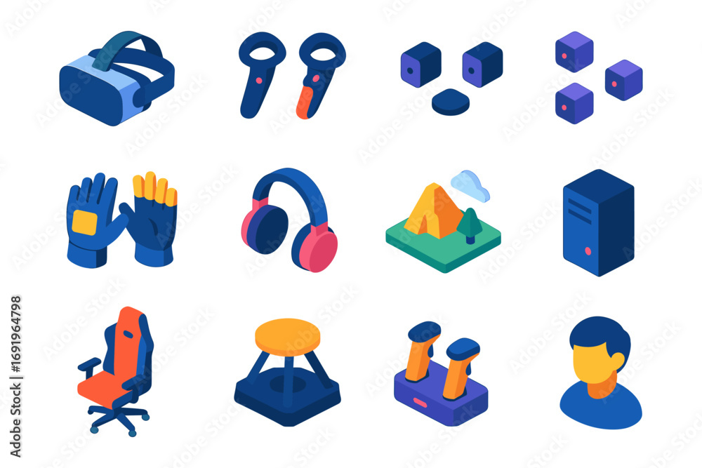 Fototapeta premium Modern gaming set: isometric vr, gadgets, headset and gaming essentials