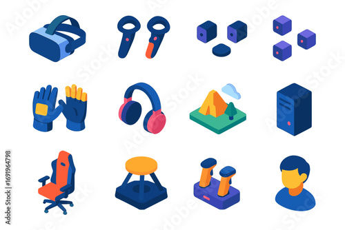Modern gaming set: isometric vr, gadgets, headset and gaming essentials