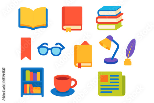Colorful icons of books, reading, and writing essentials in flat style