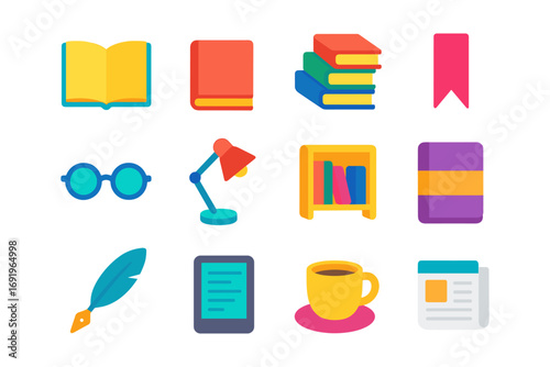 Colorful reading and study icons: books, glasses, lamp, and coffee