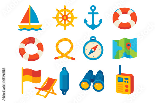 Colorful nautical icons set featuring boat, anchor, and lifebuoy for marine themes