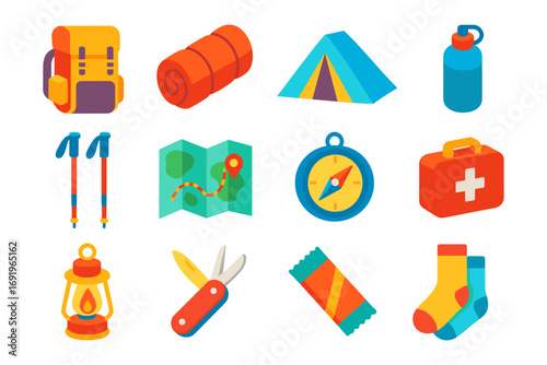 Colorful camping gear set featuring tent, compass, and more in flat design