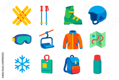 Winter sports gear collection: essential ski and snowboard equipment icons in flat style