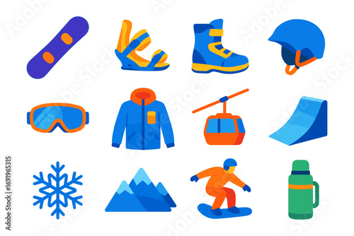 Winter sports gear icons: snowboarding essentials in modern flat design