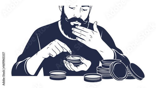 Close up of a man with a beard wearing traditional clothing carefully applying a substance from a small container to his face with his fingers and a dropper