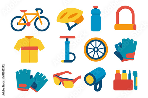 Essential cycling gear collection with helmet, gloves, pump, and accessories