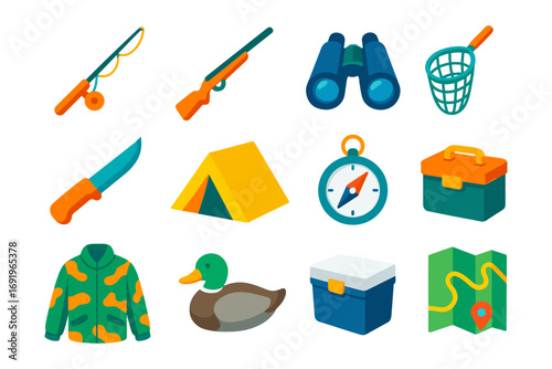 Camping and outdoor adventure equipment icons in flat style