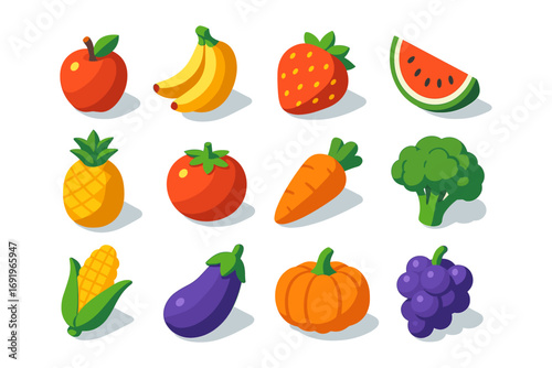 Colorful isometric fruits and vegetables on white background