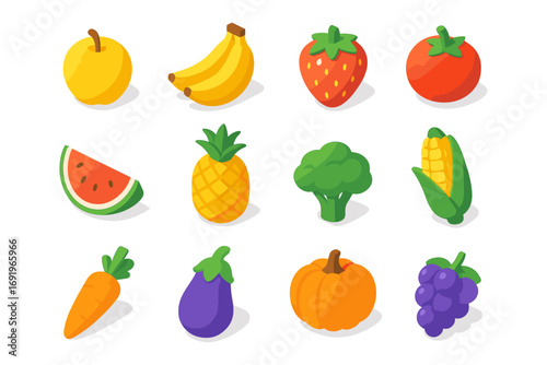 Colorful isometric fruits and vegetables collection with fresh produce variety
