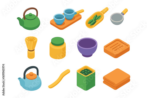 Isometric japanese tea ceremony set with utensils and green tea elements