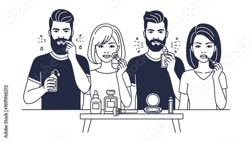 Diverse group of young adults with beards and diverse hairstyles applying skincare products and grooming themselves in a clean minimalist illustration style