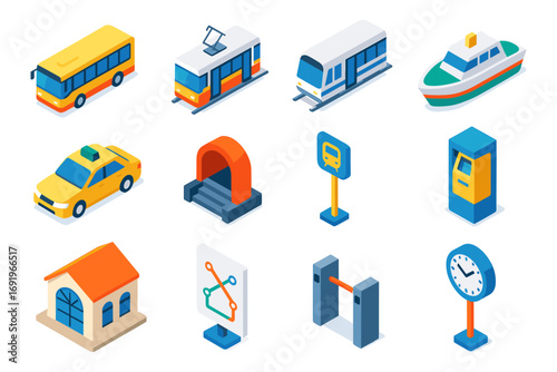 Transportation and transit isometric icons including bus, train, taxi, and more